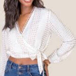 Blue Rain Eyelet Wrap Cropped Blouse with Tie at Waist Misses Size Medium